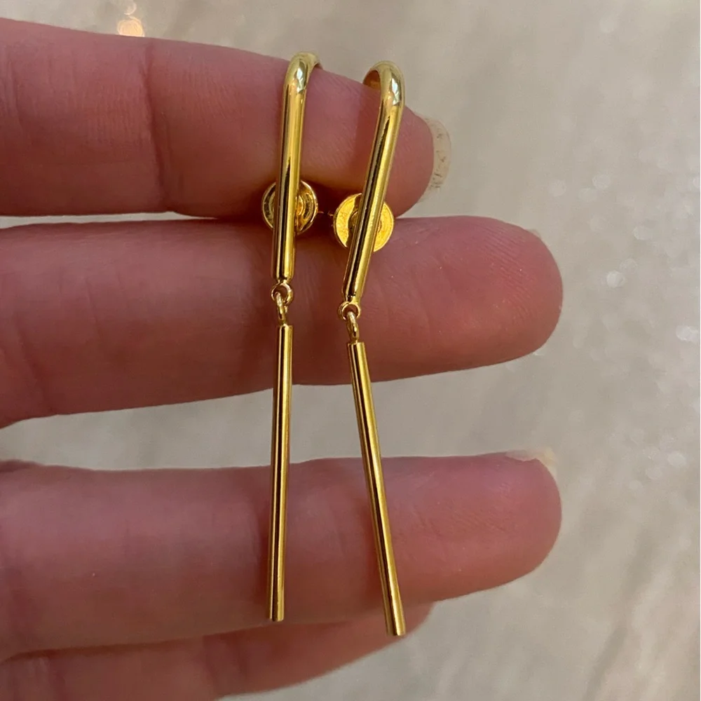 Gold Tone Cuffed Straight Dangling Bar Earrings for Pierced Ears